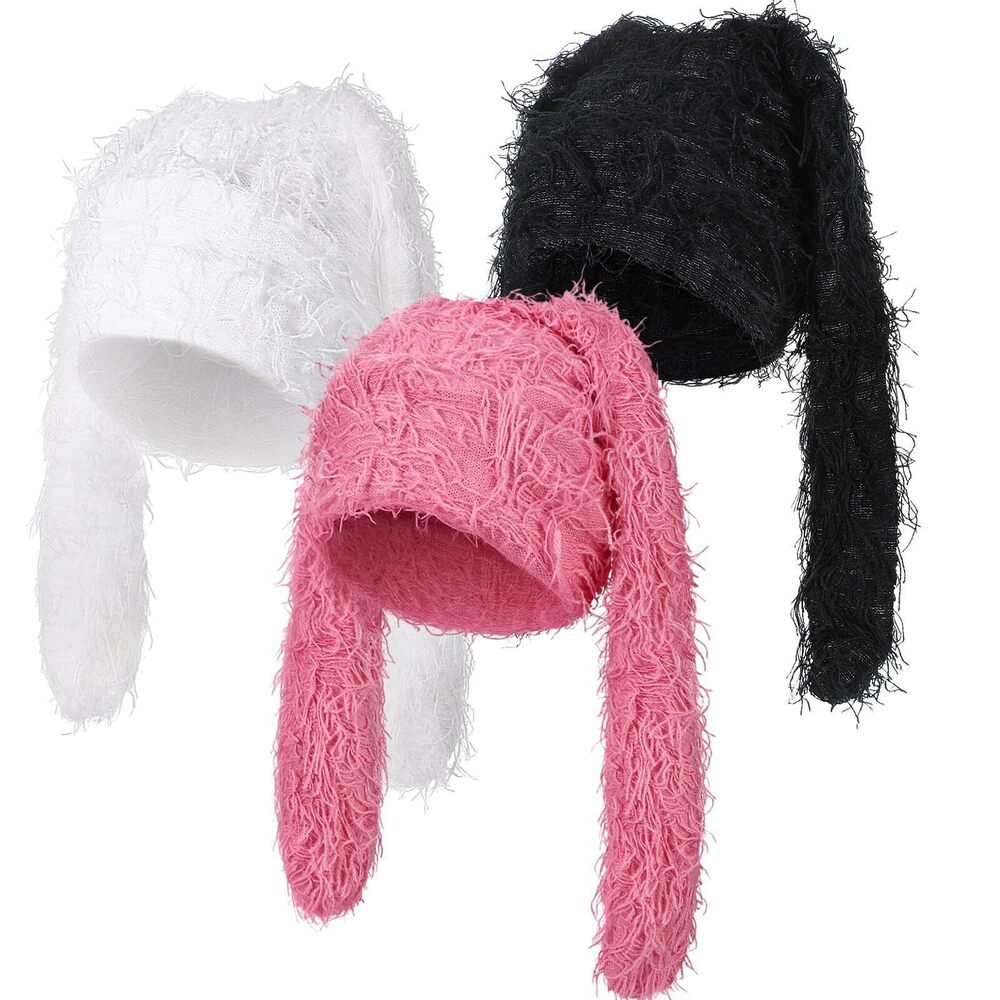 3528 3 Pcs Fuzzy Beanie Bunny Ears Hat Faux Fur Y2k Furry Fluffy Warm Hat